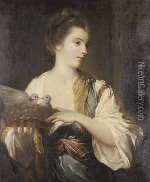 Portrait Of A Lady In A Pale Blue And White Dress With A Pink Sash At Her Waist, Holding A Basket Of Doves Oil Painting - Francis Cotes