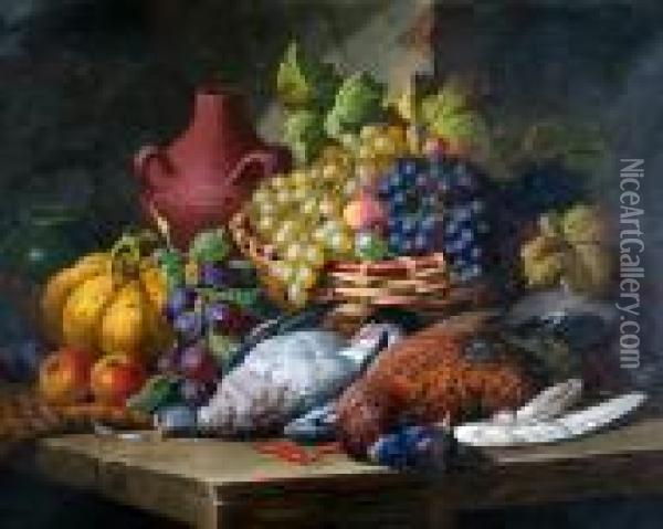 Still Life Of Fruit And Game On A Ledge Oil Painting - Charles Thomas Bale