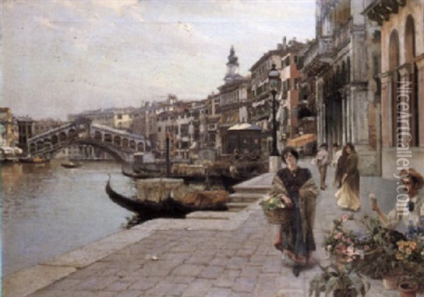 The Flower Vendor On The Grand Canal, Venice Oil Painting - Camillo Bortoluzzi