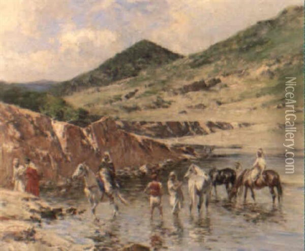 Watering The Horses Oil Painting - Victor Pierre Huguet
