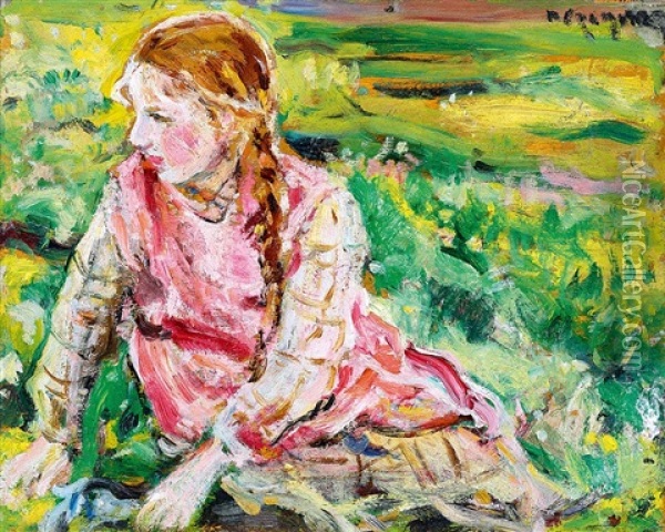 Girl On The Hill-side Oil Painting - Izsak Perlmutter