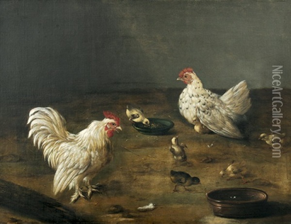 Hahn, Henne Und Kuken Am Wassernapf Oil Painting - Johann Friedrich Grooth