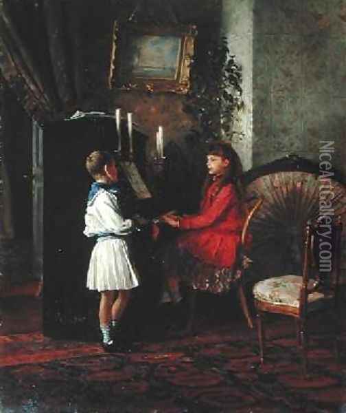 Children at the Piano Oil Painting - Kirill Vikentevich Lemokh