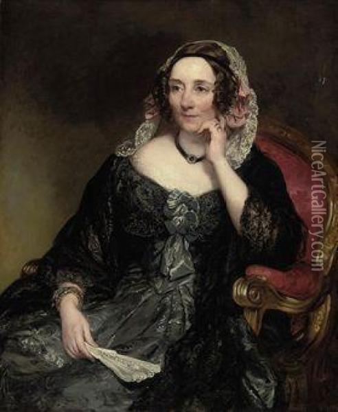 Portrait Of Selina, Lady Fitzwygram, Nee Hayes, Seated In An Armchair, In A Blue Dress With A Black Lace Shawl And Lace Headdress, Holding A Fan Oil Painting - Margaret Sarah Carpenter