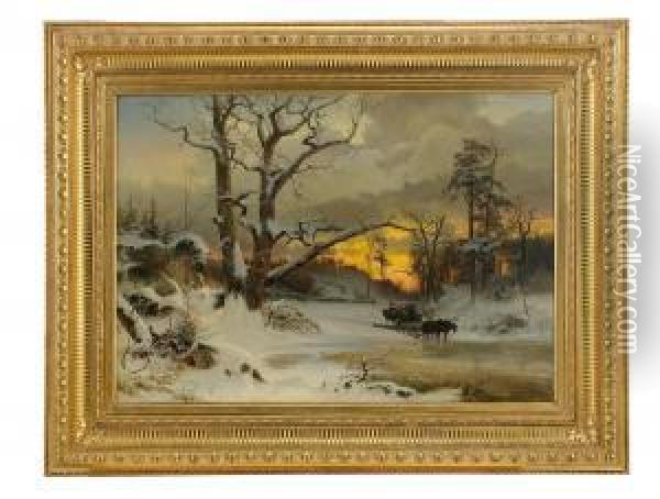 Vinterlandskap Med Hastfora - Aftonljus Oil Painting - Gustaf Rydberg