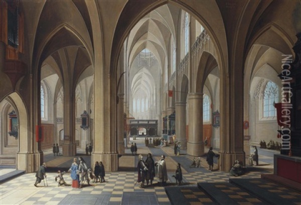 The Interior Of A Gothic Cathedral, With Elegant Figures Conversing And A Priest Taking Mass Oil Painting - Peeter Neeffs the Elder