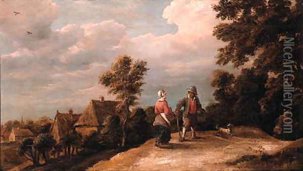 Peasants returning from market on a sandy path by a village Oil Painting - Thomas Van Apshoven