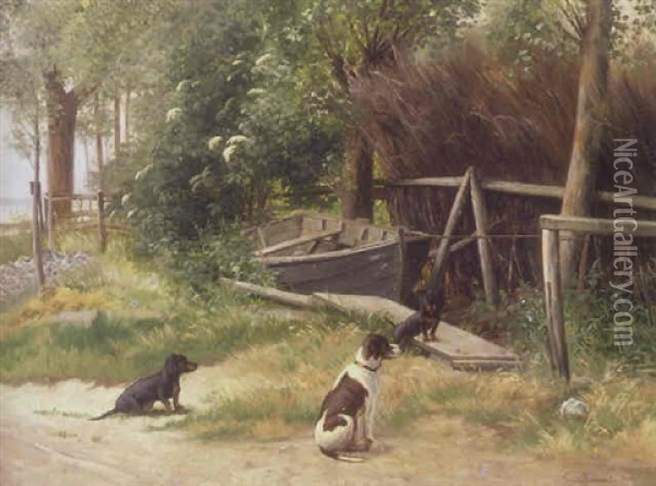 Exterior Med Hunde Ved Robad, I Baggrunden Skimtes Havet Oil Painting - Simon Simonsen