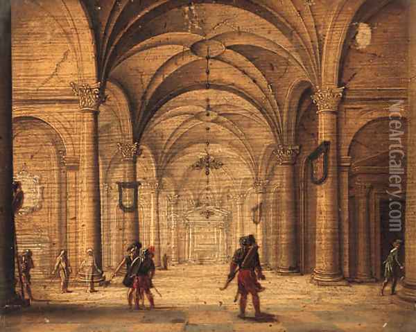 The Interior of a Cathedral with Soldiers in the foreground Oil Painting - Jan van Vucht