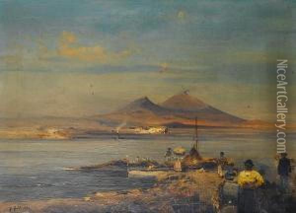 Unloading The Catch, Bay Of Naples Oil Painting - Robert Alott