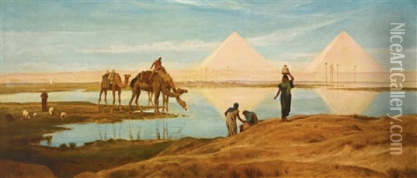 The Light Of The Rising Sun Upon The Pyramids Of Ghizeh Oil Painting - Frederick Goodall