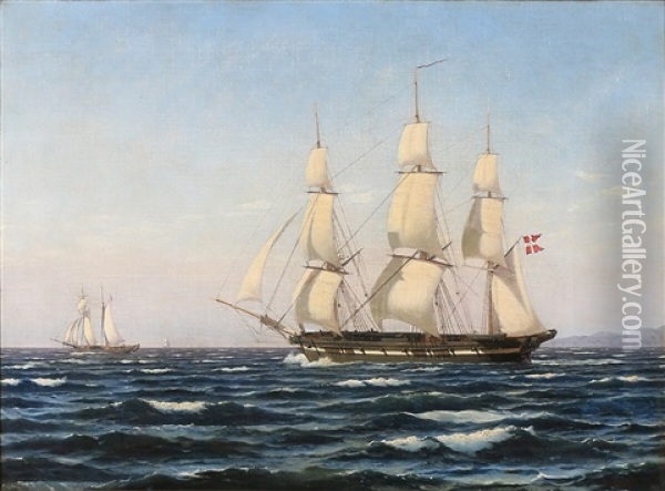 A Three-masted Sailing Ship With The Danish Flag Oil Painting - Carl Dahl