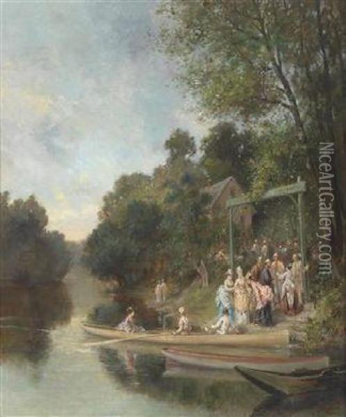 Joyous Pleasure Outing At The Lakeside Oil Painting - Louis Emile Benassit