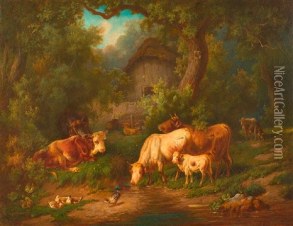 Kuhe Am Bach Im Wald Oil Painting - Louis (Ludwig) Reinhardt