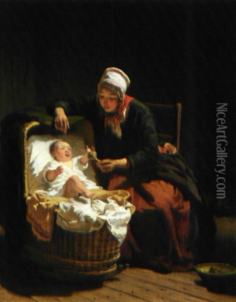 Moeder Bij De Wieg Oil Painting - Hendrik Jacobus Scholten