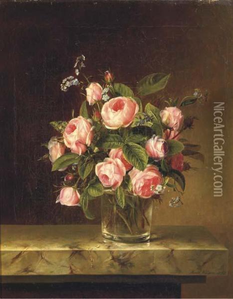 Pink Roses And Forget-me-nots In A Glass On A Marble Ledge Oil Painting - Johanna, Hanna Hellesen