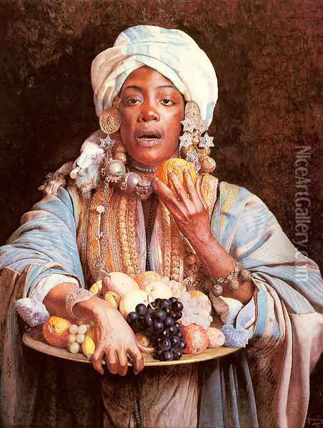 A North African Fruit Vendor Oil Painting - Guiseppe Signorini
