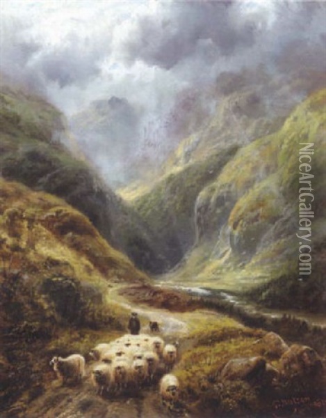 Shepherd With His Flock In A Highland Valley Oil Painting - Robert F. Watson