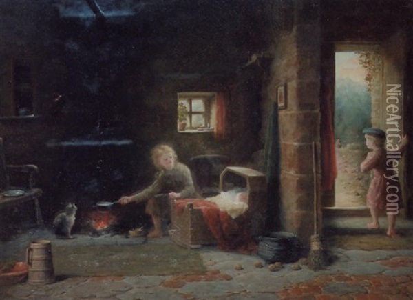 A Highland Bothy Oil Painting - Frederick Daniel Hardy