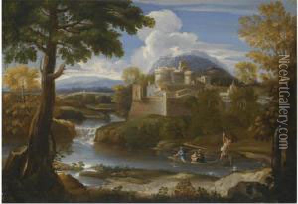 A River Landscape With An Elegant Couple Boating In The Foreground Oil Painting - Giovanni Francesco Grimaldi