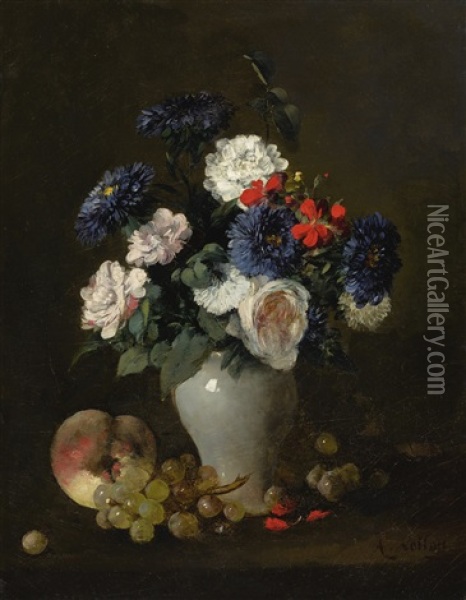 Flowers In A Vase With Grapes And A Peach On A Table Oil Painting - Antoine Vollon