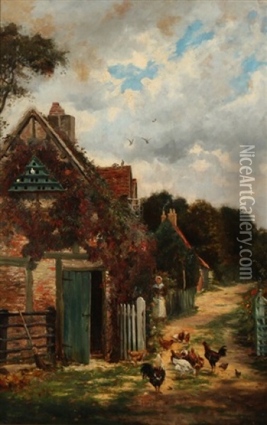 View From A Rural Village With A Woman Feeding The Chickens Oil Painting - Saville Lumbley Flint
