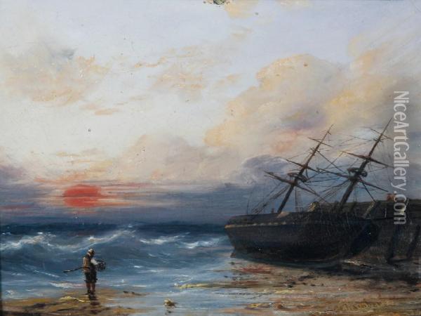 A Figure And A Ship On A Shoreline At Sunset Oil Painting - G. Chambers