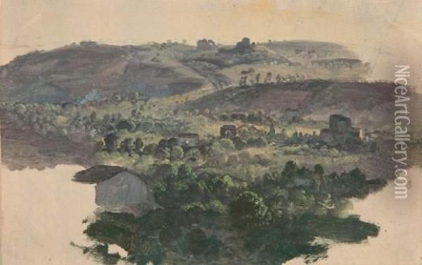 Italienische Landschaft. Oil Painting - Heinrich Burkel