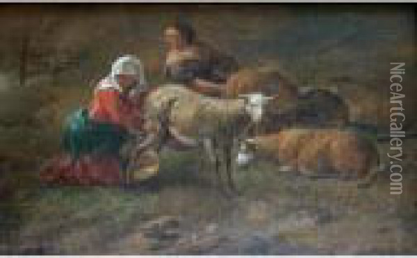 Shepherdesses Milking Sheep Oil Painting - Nicolaes Berchem