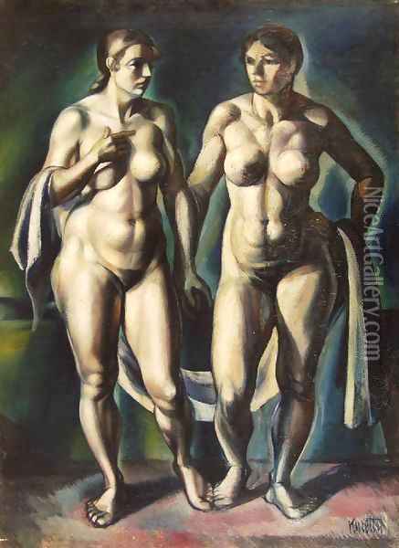 Two Standing Nudes with Drapery 1918 Oil Painting - Janos Kmetty
