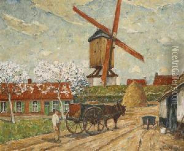Landschap Met Boer Met Kar Bij Windmolen Oil Painting - Alfons, Van Beurden Snr.