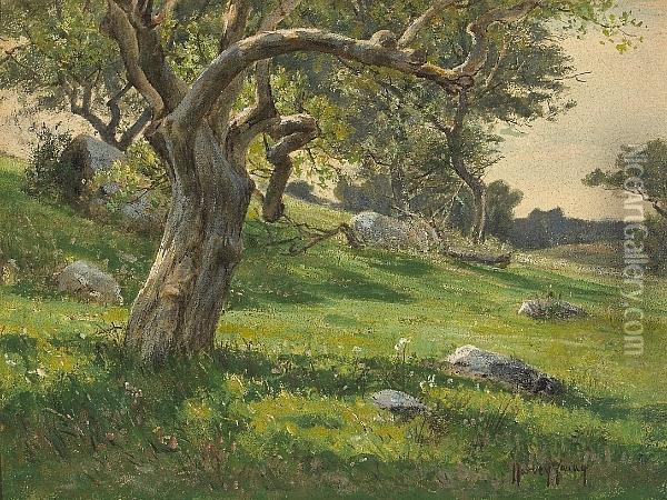 Trees And Wildflowers On A Hillside Oil Painting - Harvey Otis Young