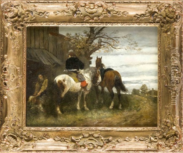 Herr Zu Pferde Auf Einem Schimmel Vor Einem Gehoft Rastend Oil Painting - Heinrich Breling