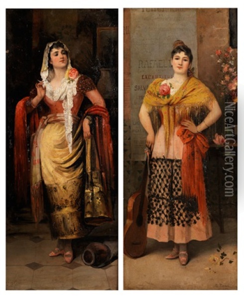 Stehende Junge Italienerinnen In Festtagskleidern (pair) Oil Painting - Egisto Ferroni