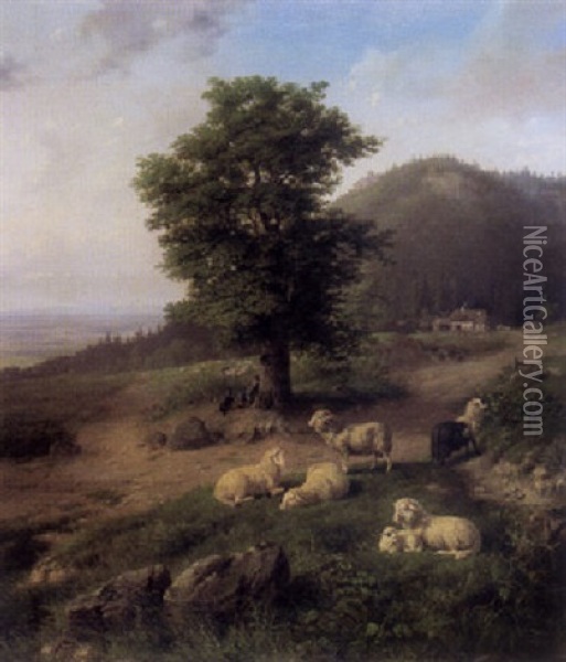Ein Schafer Mit Seiner Herde Unter Einer Alten Linde Oil Painting - Carl Jutz the Elder