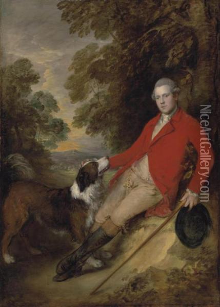 Portrait Of Philip Stanhope, 5th
 Earl Of Chesterfield (1755-1815), Full-length, In A Scarlet Coat And 
Buff Breeches, Holding A Black Hat And Stick In His Left Hand, With His 
Dog In A Landscape Oil Painting - Thomas Gainsborough