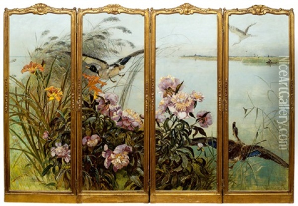 Entenjagd (4 Panel Screen) Oil Painting - Rudolf Ribarz