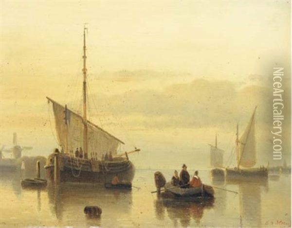 A Calm: Shipping In An Estuary At Dusk Oil Painting - Cornelis Petrus T' Hoen