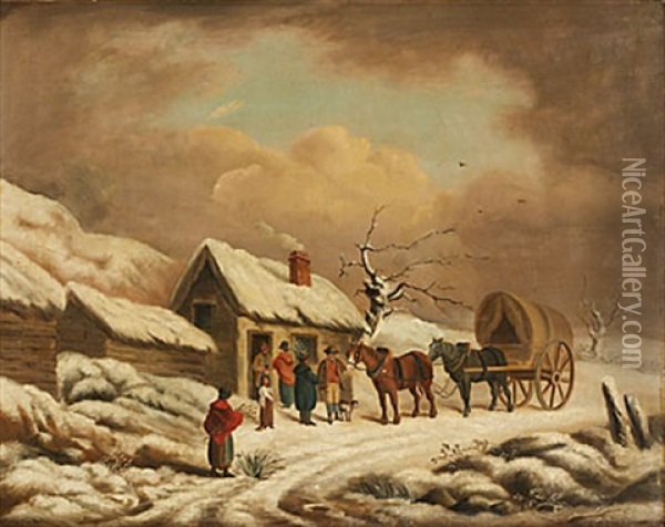 Byscen I Vinter Med Ekipage Och Figurer Oil Painting - Philipp Jakob Loutherbourg the Elder