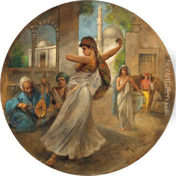 An Oriental Beauty Dancing Outside A Palace Oil Painting - Fabbio Fabbi