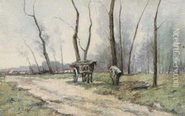 Man Gathering Wood Near A Country Road Oil Painting - Albert Baro
