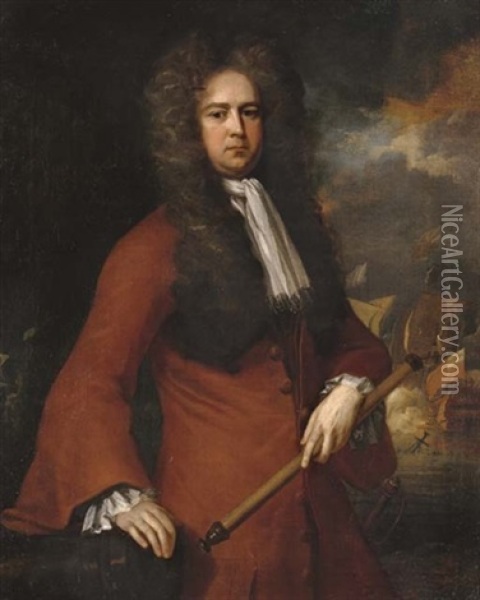 Portrait Of Admiral Sir George Rooke Holding A Telescope, A Naval Battle Beyond Oil Painting - Michael Dahl