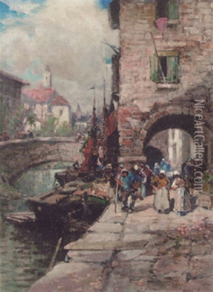 Figures On A Quay Oil Painting - Frederick John Bartram Hiles