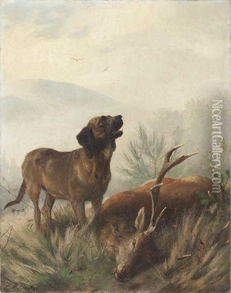 Jagdhund Mit Erlegtem Hirsch Oil Painting - Carl Friedrich Deiker