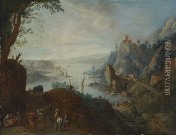 Reisende In Weiter Flusslandschaft Oil Painting - Joseph van Bredael