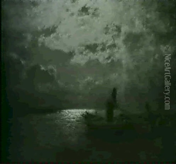 Helle Mondnacht An Einer Flussmundung Oil Painting - Louis Douzette