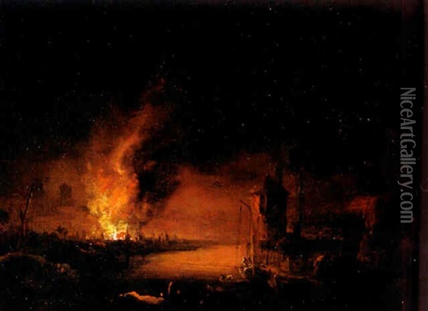 Feuersbrunst In Einer Mittelalterlichen Stadt Oil Painting - Johann Georg Dietrich