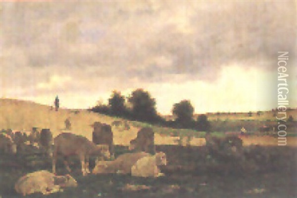 Hugelige Landschaft Mit Schafherde Oil Painting - Emile van Marcke de Lummen