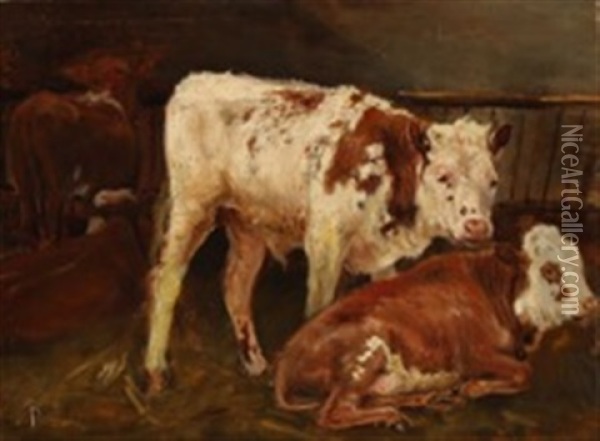 Cattle In A Stable Oil Painting - Theodor Philipsen