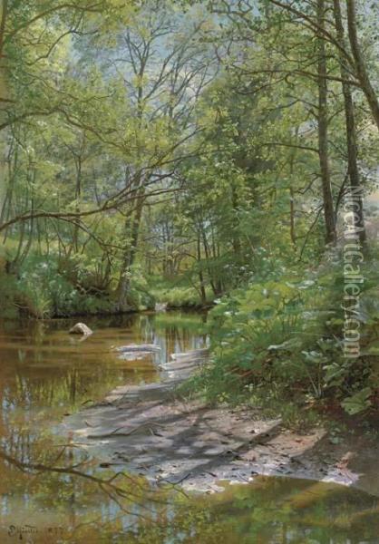 A River Landscape Oil Painting - Peder Mork Monsted